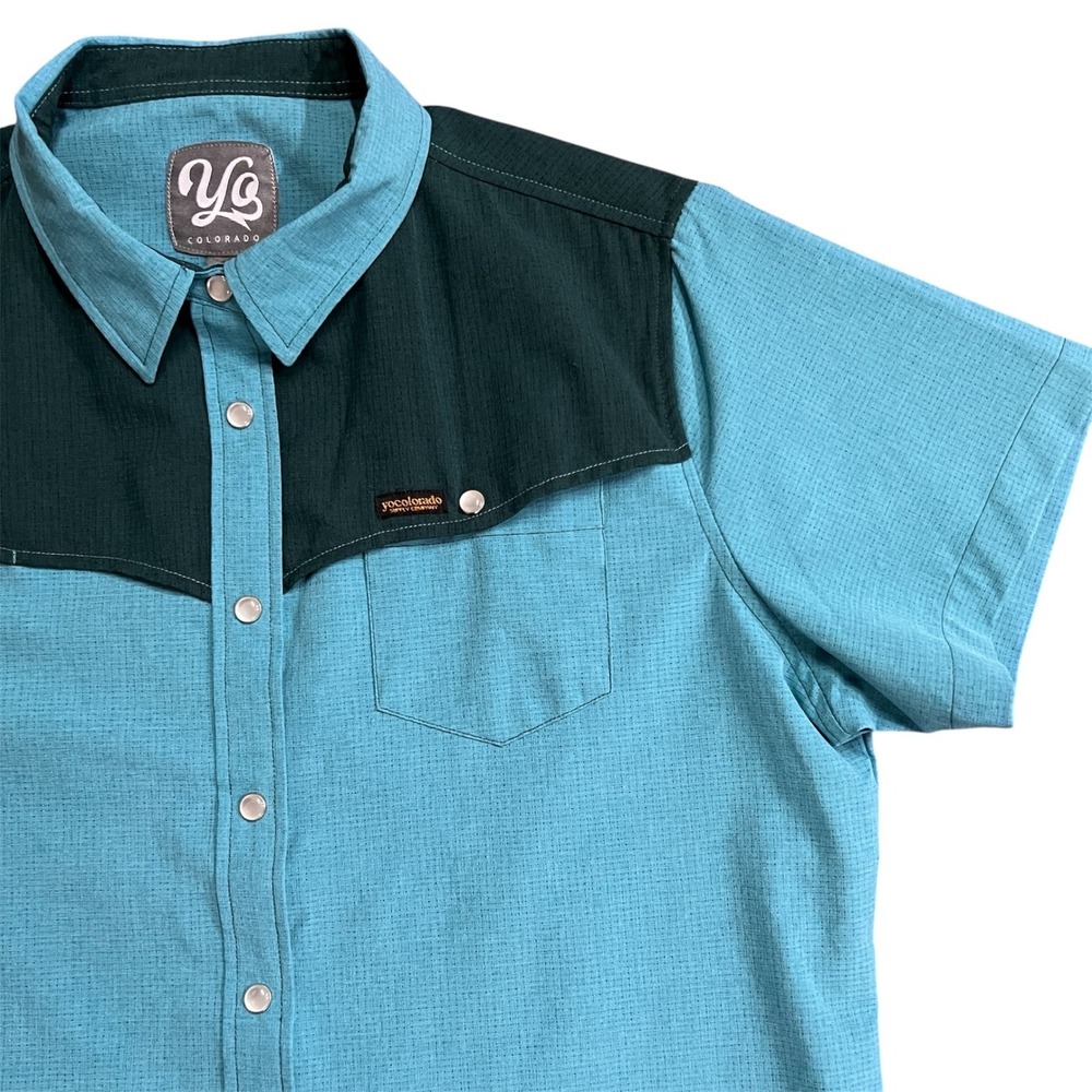 YoColorado Women's Western Snap Button Down Short Sleeve Shirt Teal Size L‎